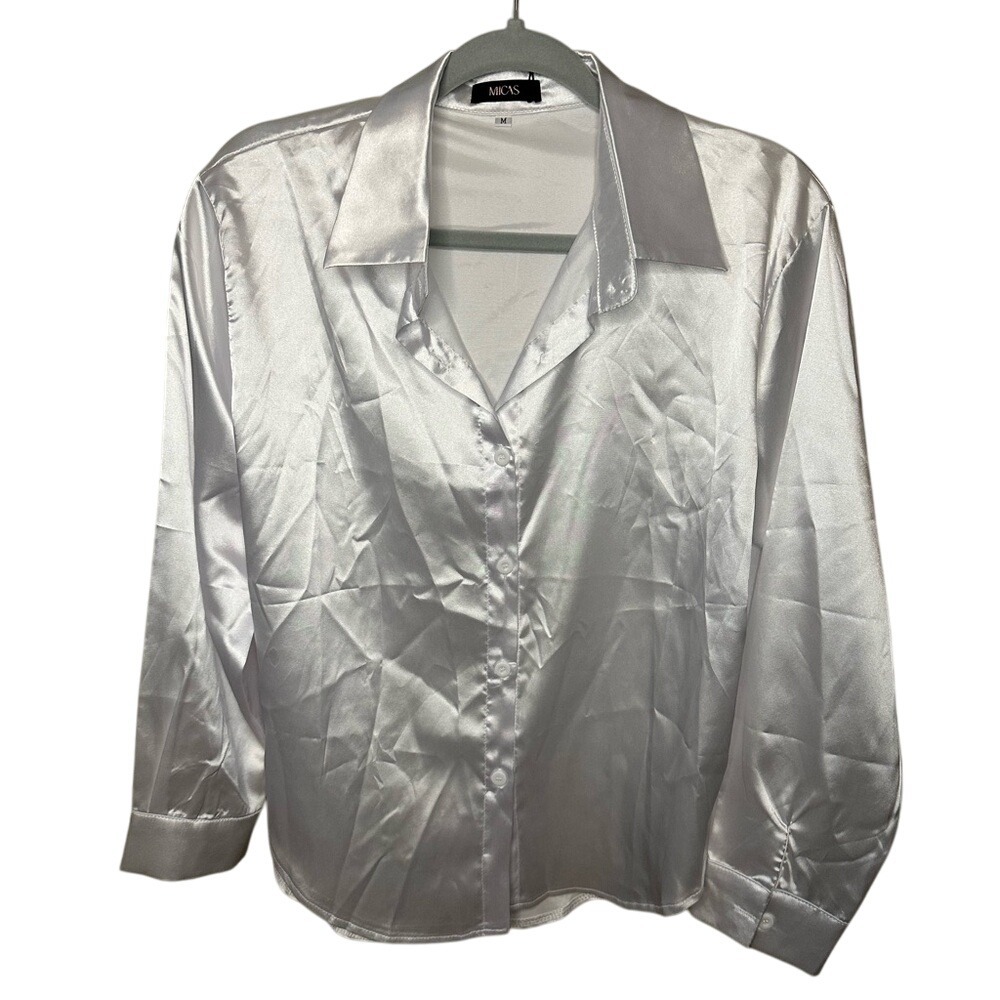 Silver Satin Blouse Button Down Long Sleeve Collared Shirt‎